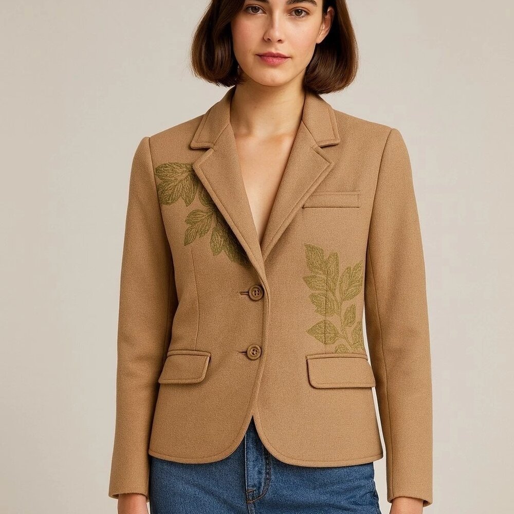 Vintage UR  Wool Blend Blazer w/ Metallic Green Leaf  Print - Classic Preppy